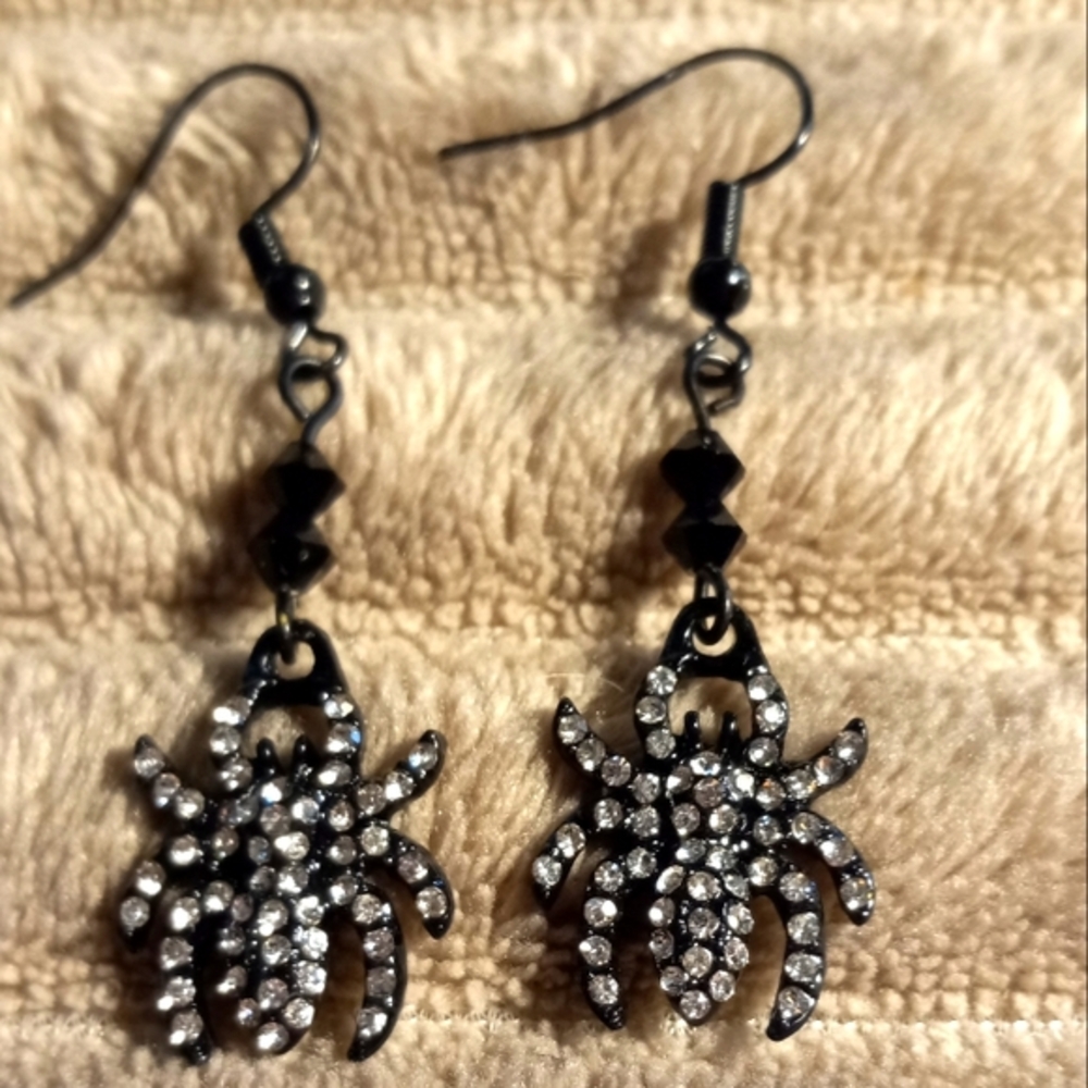 Handmade Black / Rhinestone Halloween,  Spider Earrings, Creepy Crawlies Pierced